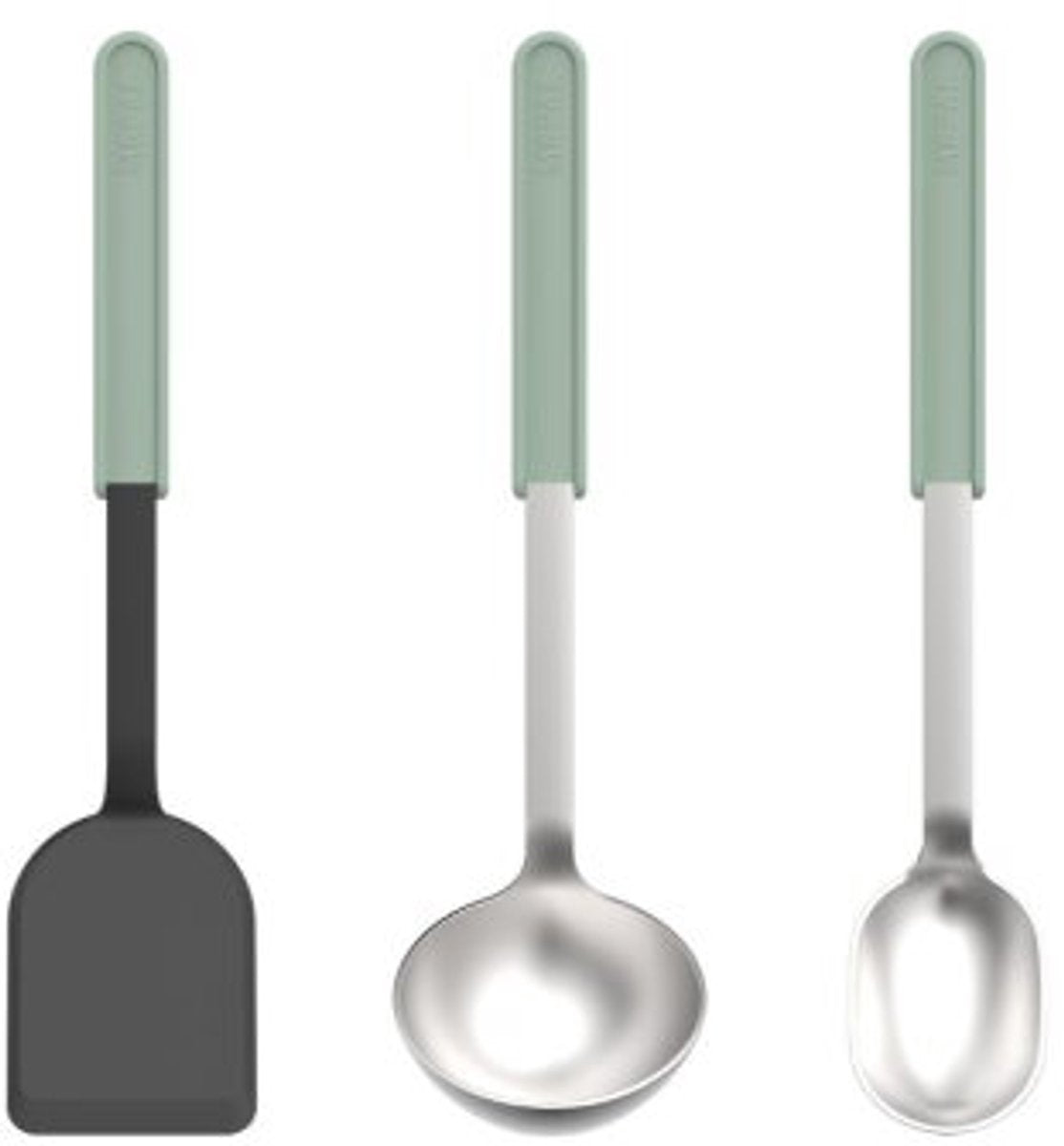 Mepal Kochset 3-teilig (Spatel + Rührlöffel + Servierlöffel) Chef It – Kochgeschirr mit Antihaftbeschichtung – hitzebeständig – spülmaschinenfest – Küchenutensilien – nordischer Salbei