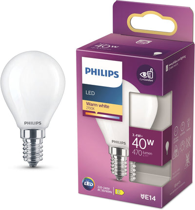 Philips LED-Lampe – Kugellampe mit E14-Fassung – warmweißes Licht: 2700 K – 40 W – Milchglas