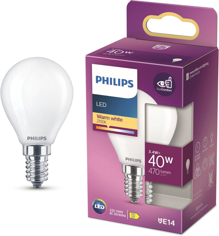 Philips LED-Lampe – Kugellampe mit E14-Fassung – warmweißes Licht: 2700 K – 40 W – Milchglas