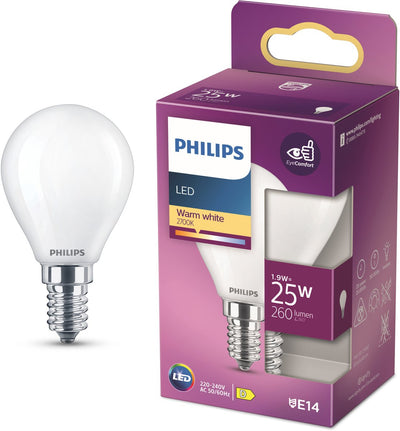 Philips LED-Lampe – Kugellampe mit E14-Fassung – warmweißes Licht: 2700 K – 25 W – Milchglas
