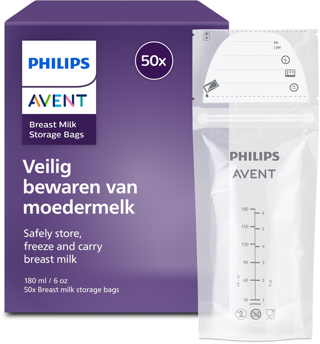 Philips Avent Muttermilch-Aufbewahrungsbeutel 180 ml – auslaufsicher – 50 Stück – scf603 50