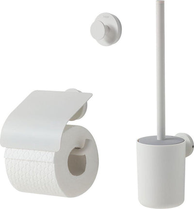 Tiger Urban Toilettenzubehörset – Toilettenbürste mit Halter – Toilettenpapierhalter mit Klappe – Haken – Weiß