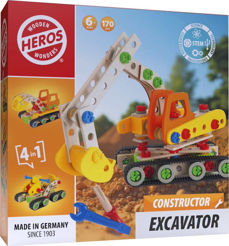 Heros Constructor Bagger – Konstruktionsspielzeug – 4-in-1 – 170 Teile – Holzbaukasten – FSC-Holz – Made in Germany – Selber bauen – ab 6 Jahren