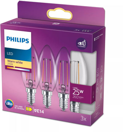 Philips LED-Lampe – Kerzenlampe mit E14-Fassung – warmweißes Licht: 2700 K – 25 W – klares Glas – 3er-Pack