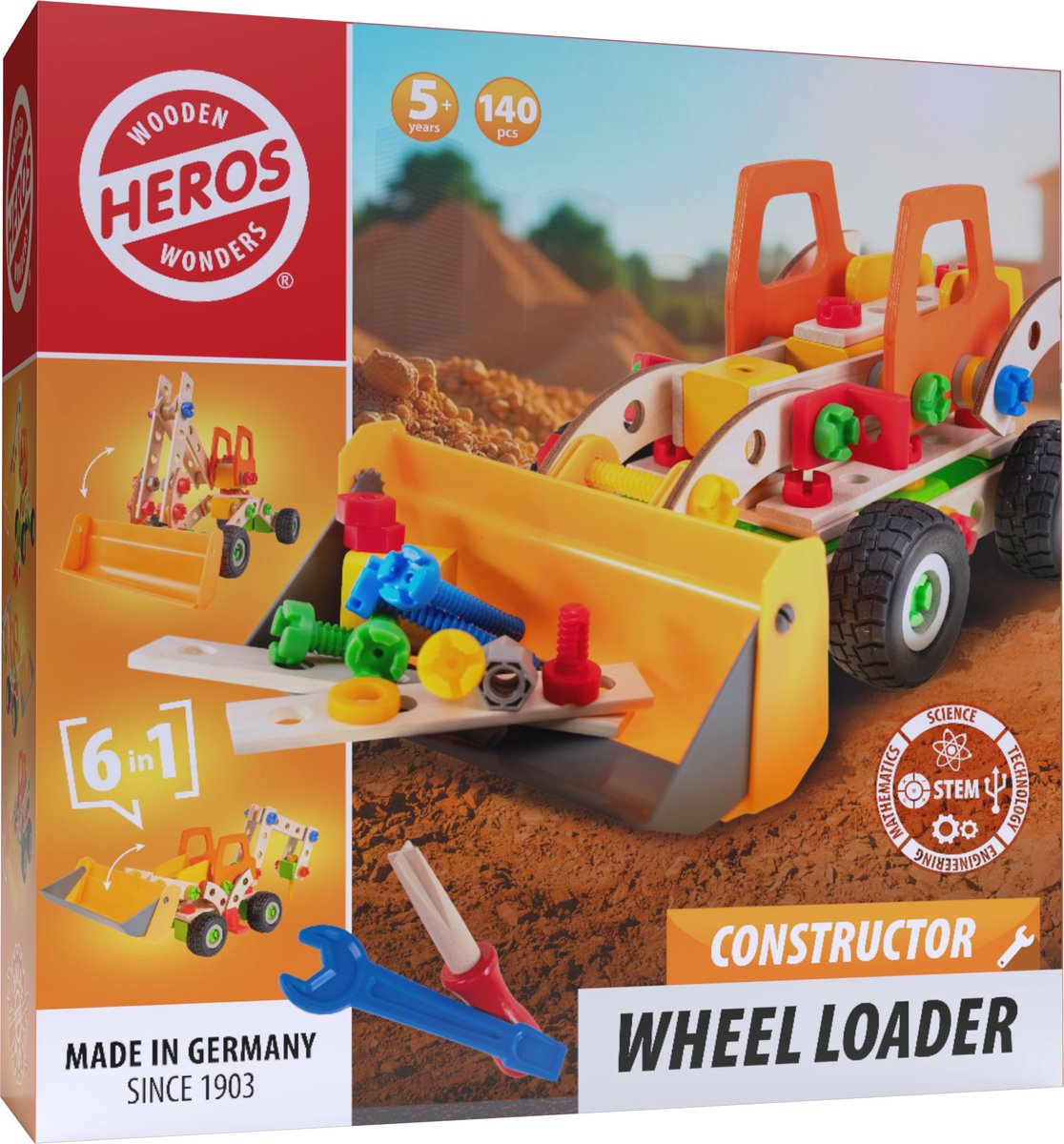 Heros Constructor Radlader – Konstruktionsspielzeug – 6-in-1 – 140 Teile – Holzbaukasten – FSC-Holz – Made in Germany – Selber bauen – ab 5 Jahren