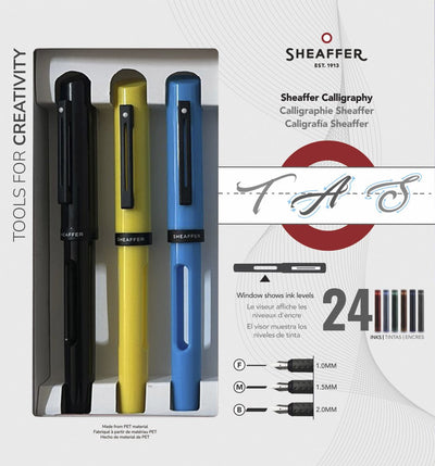 Sheaffer-Kalligraphiestift – schwarz, blau, gelb, Maxi – Feder F M B – SF-93404