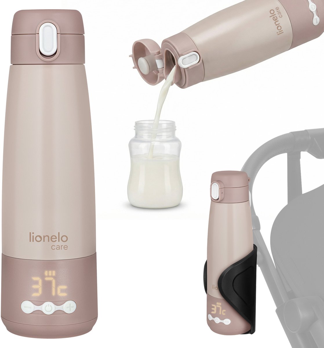 Lionelo Thermup-Flasche – tragbare Milchwärmer-Thermoskanne 350 ml – Milch in 3,5 Minuten erhitzen – bis zu 20 Stunden erhitzen – 5 Temperatureinstellungen – USB-C – für unterwegs