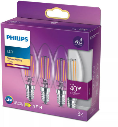 Philips LED-Lampe – Kerzenlampe mit E14-Fassung – warmweißes Licht: 2700 K – 40 W – klares Glas – 3er-Pack