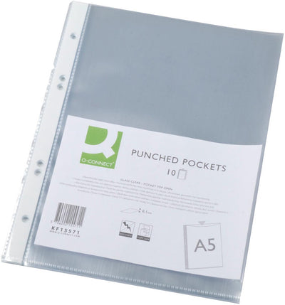 Q-Connect perforierte Showtasche A5, 4-Loch-Perforation, kristallklar, 100 Mikron, Packung mit 10 Stück