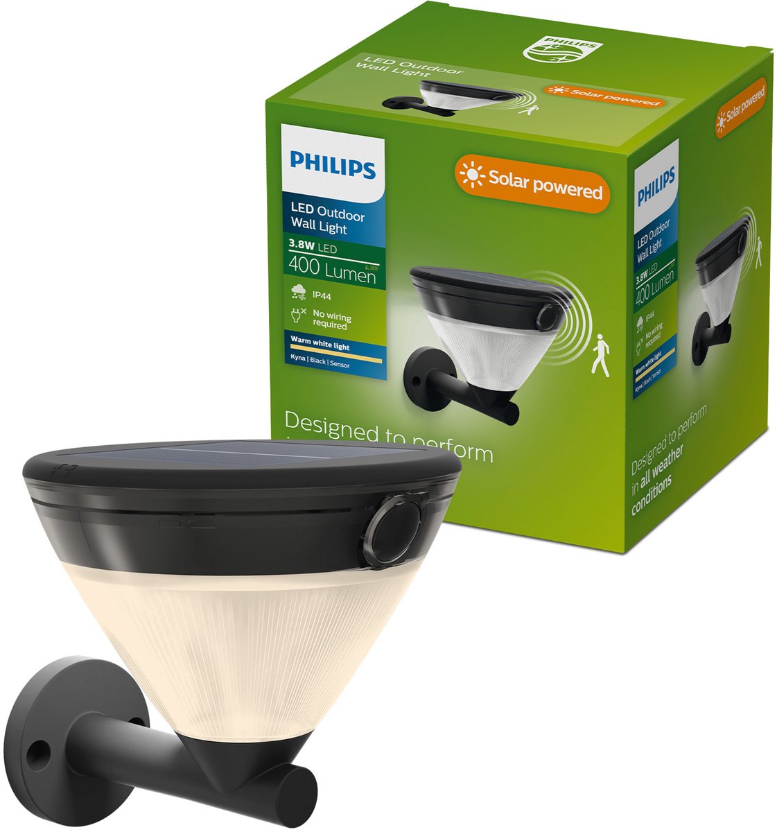 Philips LED Philips Kyna Solar-Wandleuchte – Solarenergie – warmweißes Licht: 2700 K – Schwarz – zwei Lichtmodi – Dämmerungssensor – Bewegungssensor – IP44: wetterfest – Solar-Außenbeleuchtung