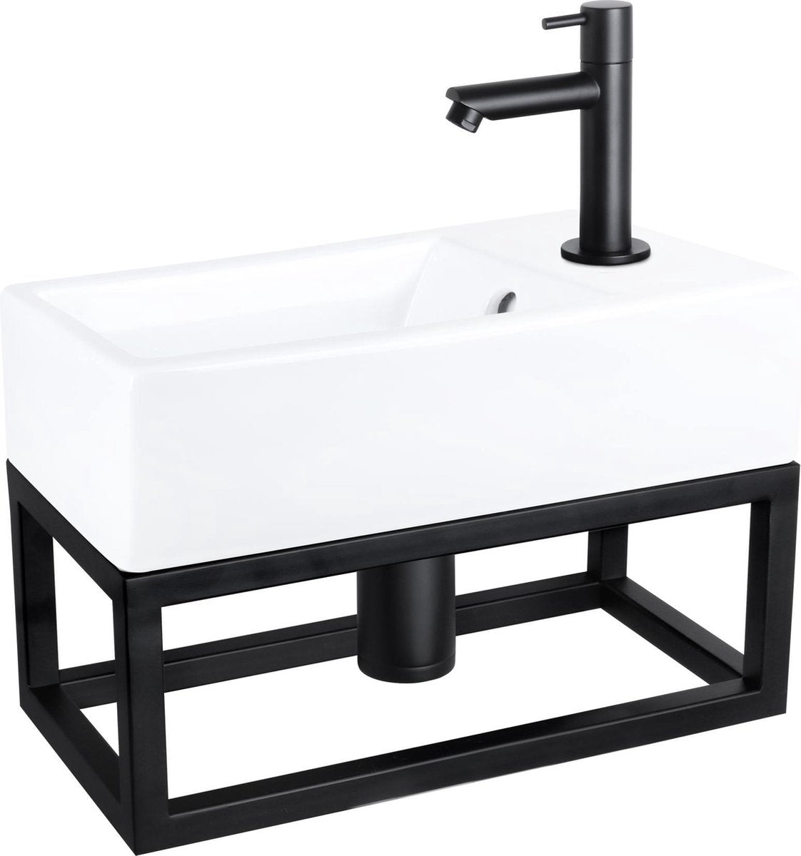 Differnz Force Springbrunnen-Set – 40 x 22 x 11,5 cm – Wasserhahn gerade – mattschwarz – mit Handtuchhalter – Keramik