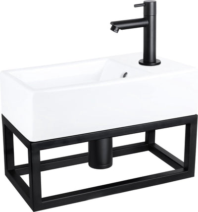 Differnz Force Springbrunnen-Set – 40 x 22 x 11,5 cm – Wasserhahn gerade – mattschwarz – mit Handtuchhalter – Keramik