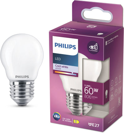 Philips LED-Lampe – Kugellampe mit E27-Fassung – kaltweißes Licht: 4000 K – 60 W – Milchglas