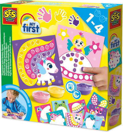 Ses Creative – My First – Punkte mit Fingerfarbe, Fantasiefiguren – 10 fröhliche Fingermalkarten im Prinzessinnen-Feen-Thema – Einhorn – glutenfrei – 1 bis 4 Jahre