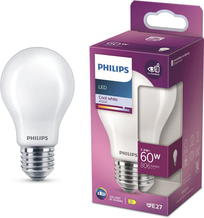 Philips LED-Lampe – Standardlampenform mit E27-Fassung – kaltweißes Licht: 4000 K – 60 W – Milchglas