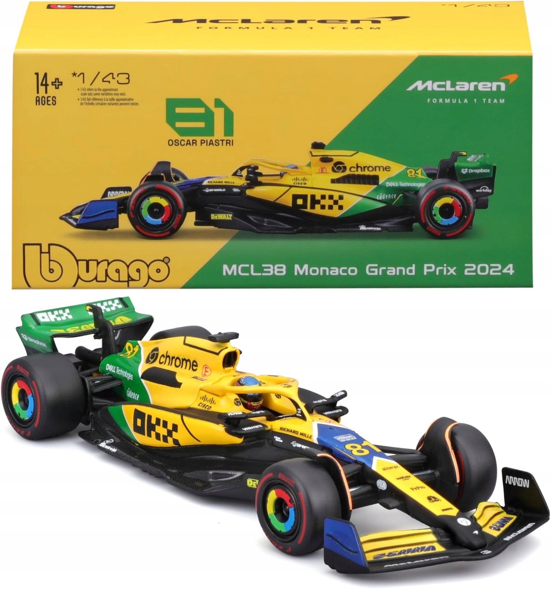 Bburago f1 mclaren mcl38 2024 modellauto mit helm norris senna lackierung spielzeugauto.