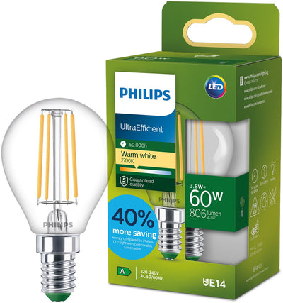 Philips LED Ultraeffiziente LED-Lampe von Philips – 60 W – E27-Fassung – warmweißes Licht: 2700 K – klares Glas – P45-Kugellampe – lange Lebensdauer