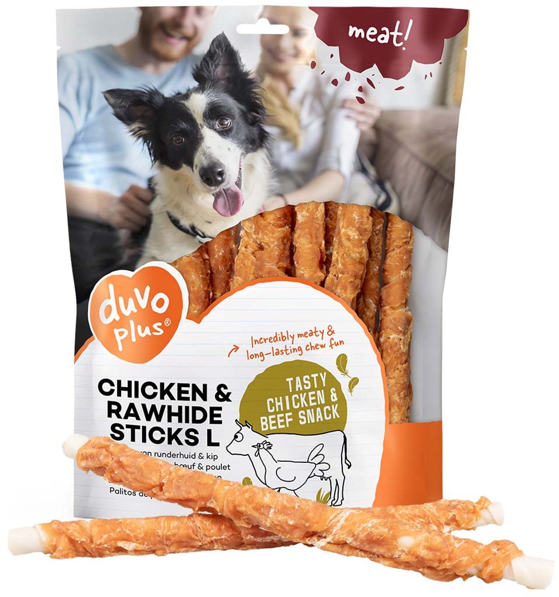 Duvo plus Fleisch! Snack-Hähnchen-Rohleder-Sticks für Hunde, L-25 cm, 1 kg