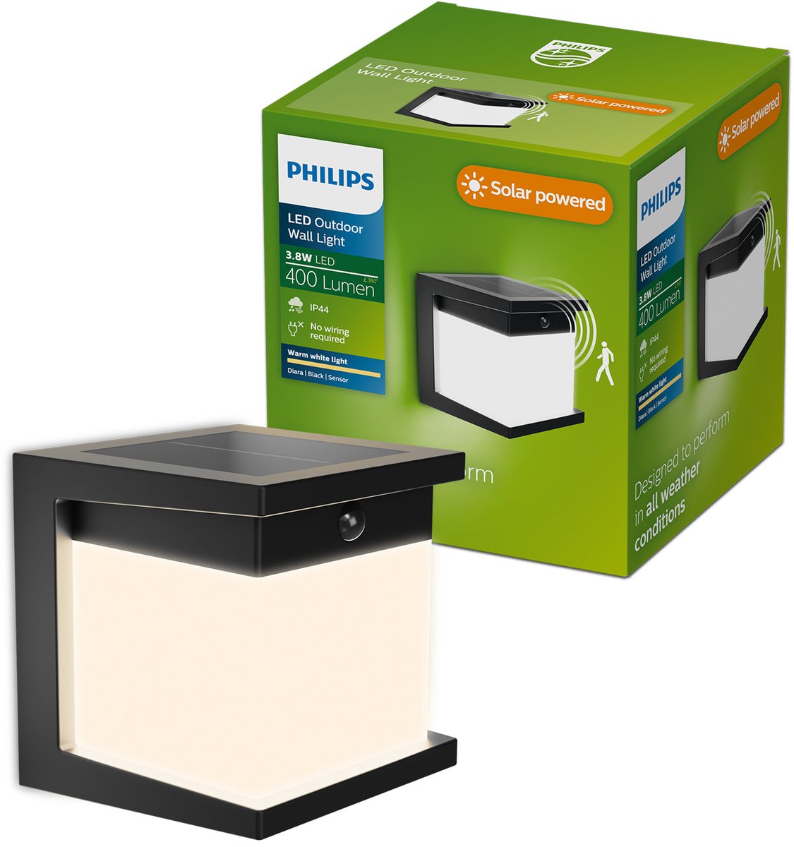Philips LED Philips Diara Solar-Wandleuchte – Solarenergie – warmweißes Licht: 2700 K – Schwarz – zwei Lichtmodi – Dämmerungssensor – Bewegungssensor – IP44: wetterfest – Solar-Außenbeleuchtung