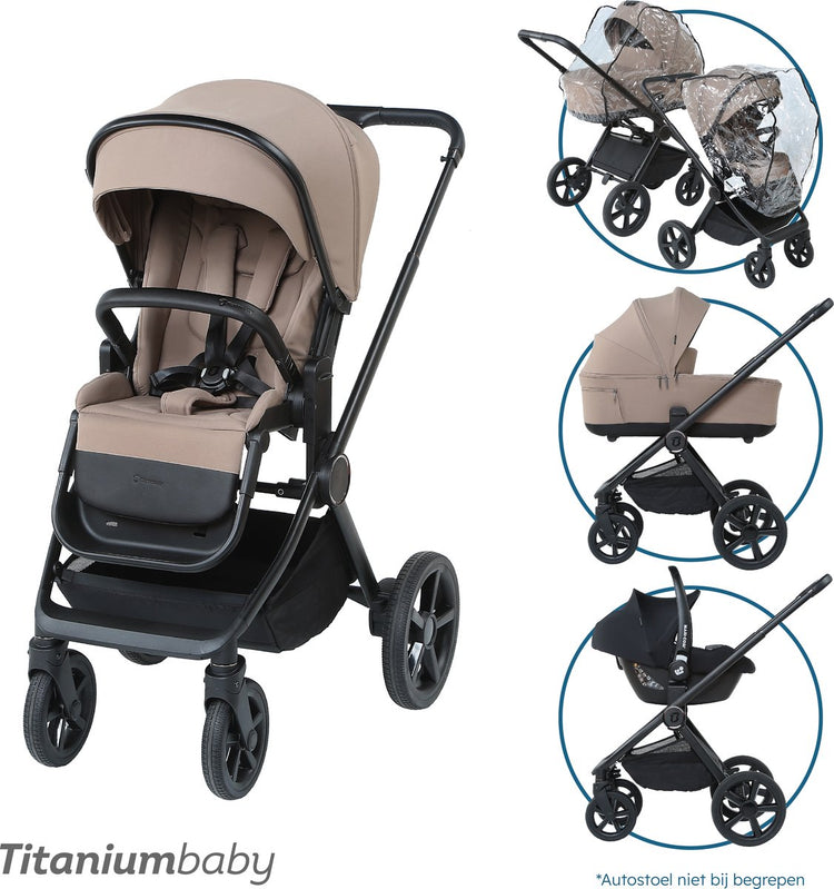 Titanium Baby Titanium Kinderwagen Solid Urban Taupe inkl. Regenschutz und Autositzadapter – verstellbare Schiebestange – klappbar – Reisebett in 3 Höhen verstellbar – verstellbare Rückenlehne und Fußstütze