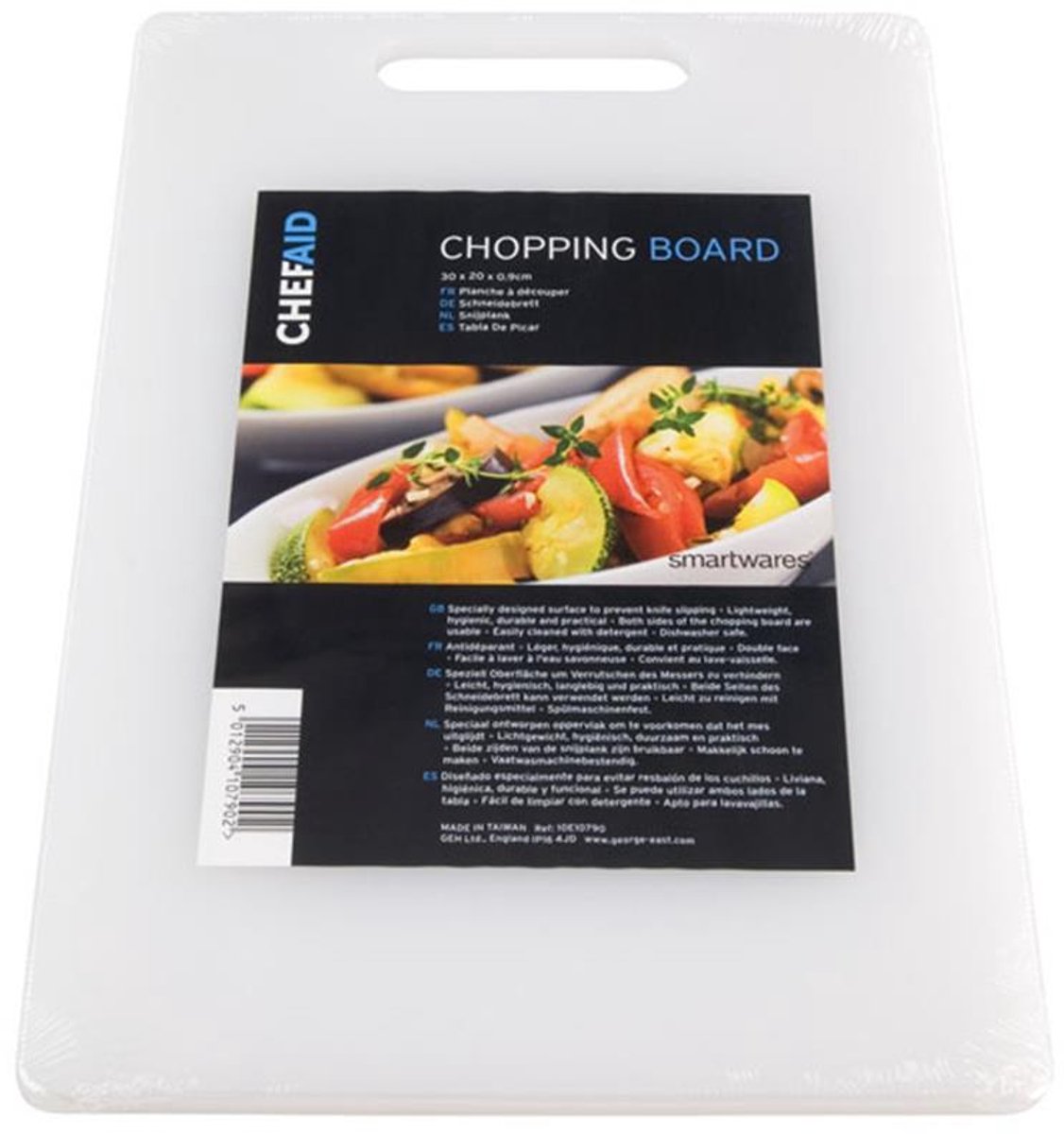 Chef Aid – Kunststoff-Schneidebrett – 31 x 18 cm – rutschfest – doppelseitig – spülmaschinenfest – hygienisches Schneidebrett für Gemüse, Fleisch, Brot – weiß