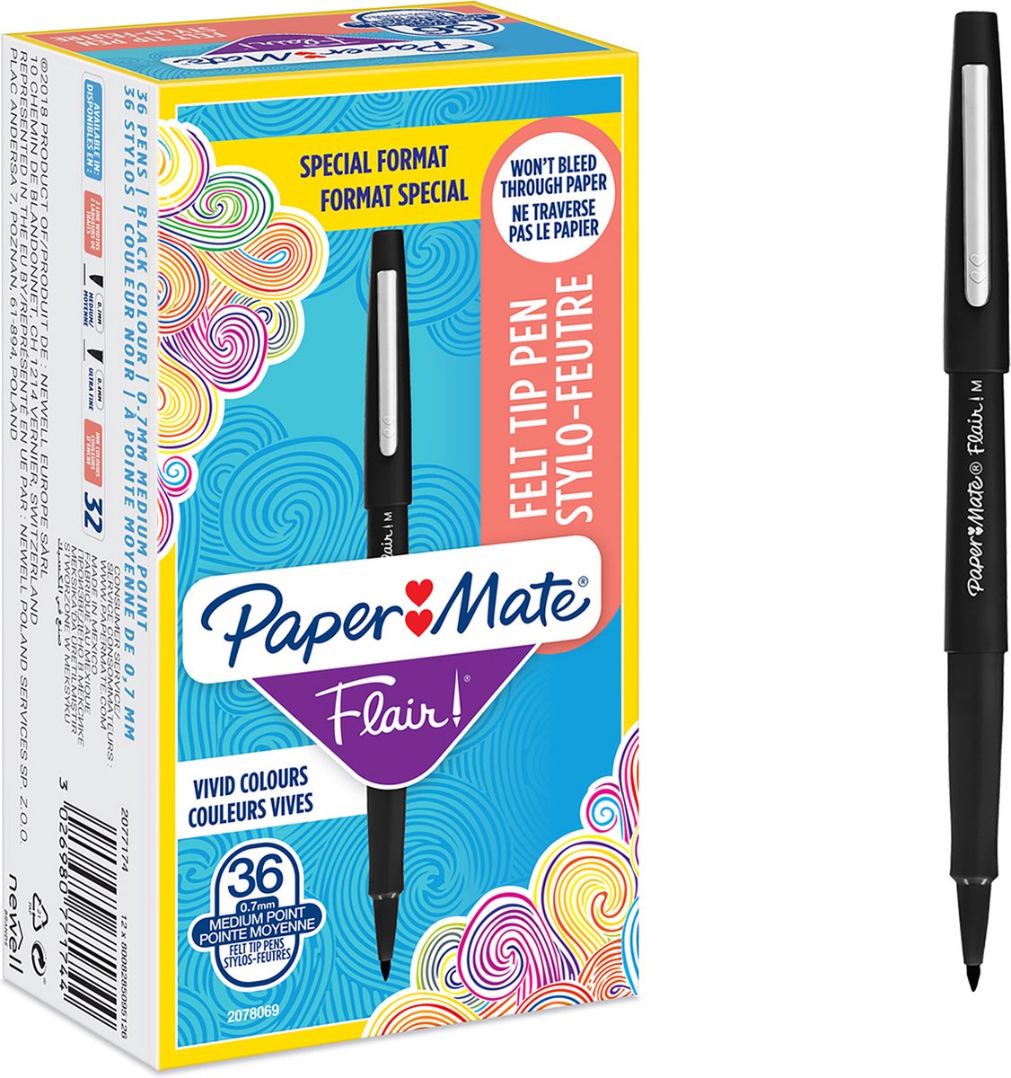 Paper Mate Flair Filzstifte | mittlere Spitze (0,7 mm) | schwarze Tinte | 36 Stück
