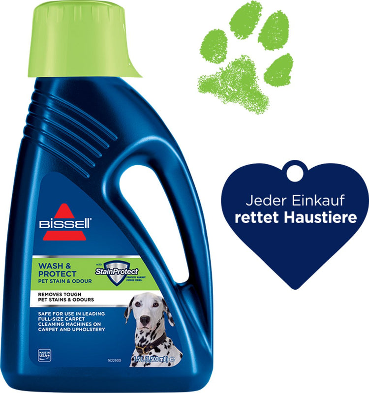 Bissell Wash Protect Pet Teppichreiniger 1,5 l – geeignet für die Fleckenreinigung – Fleckentferner mit Schutzschicht – hilft, neue Haustierflecken zu verhindern – Reinigungsmittel für Teppiche und Polster – 1087n