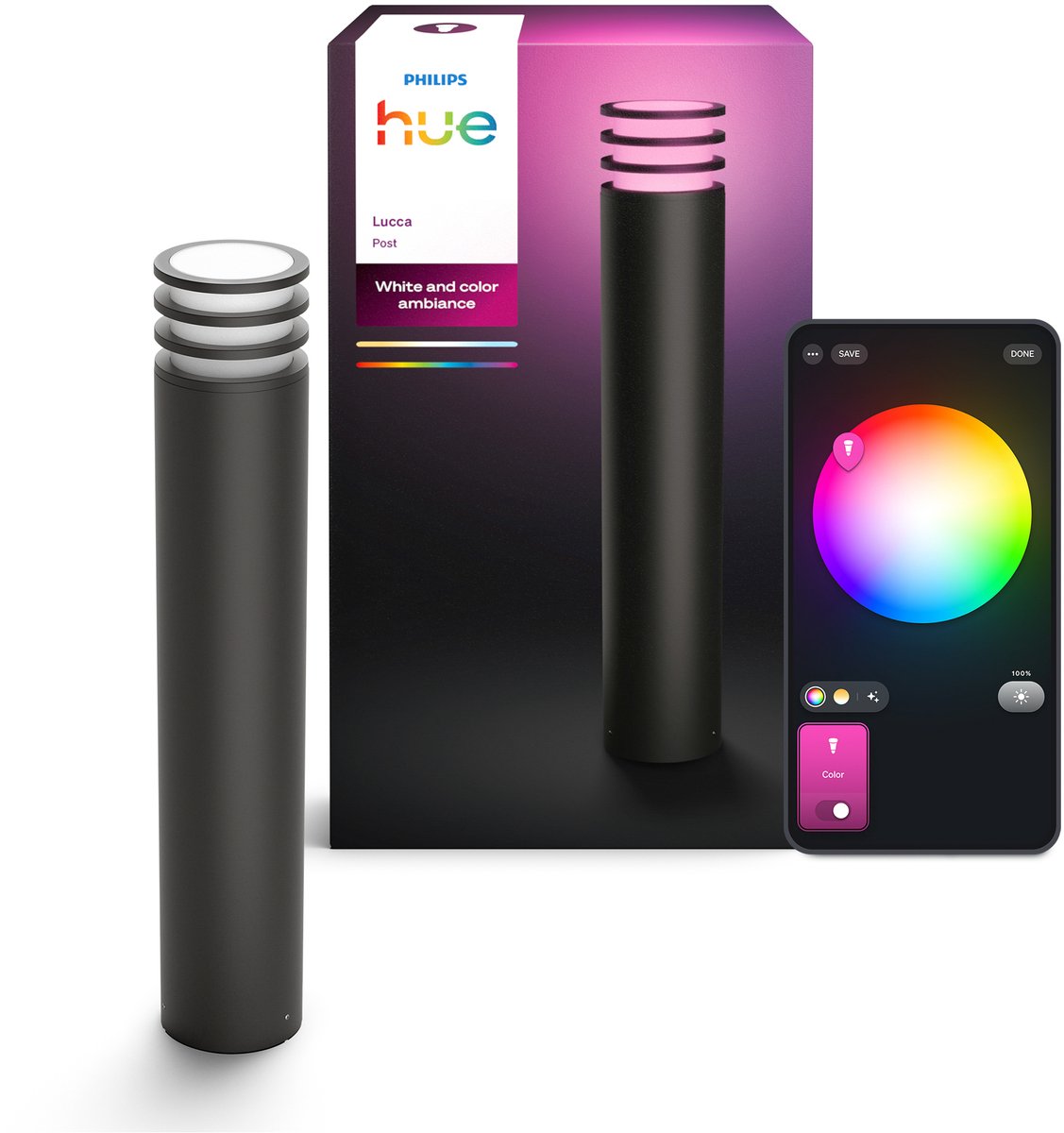 Philips Hue Lucca hohe Sockellampe – Gartenbeleuchtung – Anthrazitgrau – IP44 wetter- und windbeständig – weißes und farbiges Licht – intelligente Beleuchtung – 1100 Lumen – kompatibel mit Materie