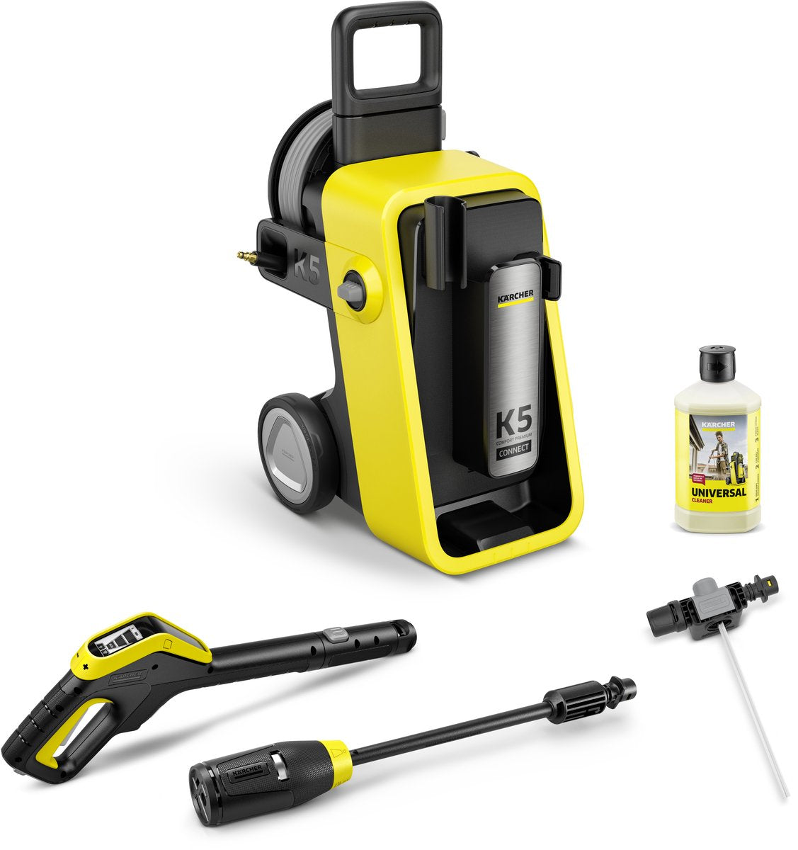 Kärcher K 5 Comfort Premium Connect Hochdruckreiniger - Schlauchtrommel - 4-in-1-Sprühlanze - 145 bar - 500 l·h - 40 m²·h - App-Anschluss - passend für u.a. Auto - Terrasse - Fahrräder - Motorräder - Gartenmöbel und Bereiche rund um das Haus