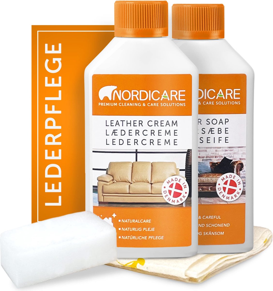 Nordicare Lederpflegeset (250 ml) für Auto, Sofa und Möbel, Lederreiniger zur Lederpflege, Lederpflegeset, Lederreinigung, Lederpflege Sofa, Lederreiniger, Lederpflege Auto