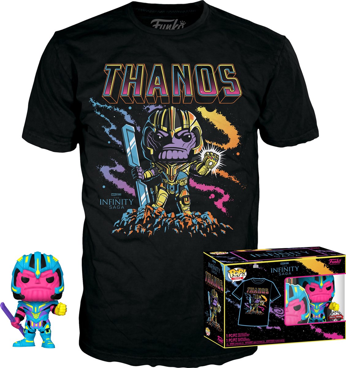 Funko-Pop! T-Shirt-Box: Marvel Studios The Avengers – Thanos Blacklight Black #909 exklusiv (Größe L)