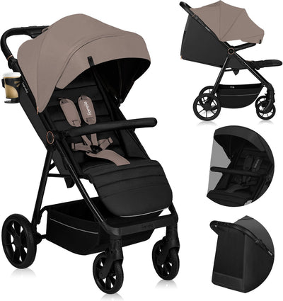 Lionelo Mira Kinderwagen – Buggy – für Kinder bis 22 kg – Vorderräder 360° – verstellbarer Rückenlehnengriff – wasserdichtes XXL-Markise mit UPF50+ – 5-Punkt-Gurt – große Offroad-Räder – volle Stoßdämpfung – kompakt faltbar