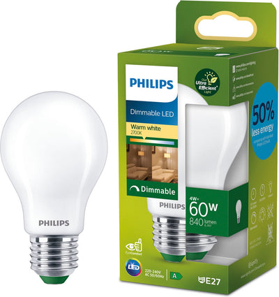 Philips LED Philips ultraeffiziente LED-Lampe matt – 60 W – E27 – dimmbares warmweißes Licht – Energielabel a