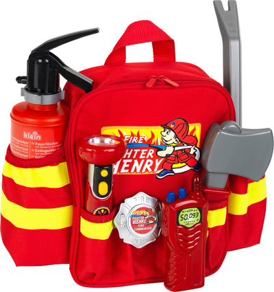 Klein Toys Feuerwehrrucksack - 28x25x8,5 cm - inkl. Zubehör, verstellbare Träger und eine große Öffnung zum einfachen Packen und Aufbewahren – rot gelb