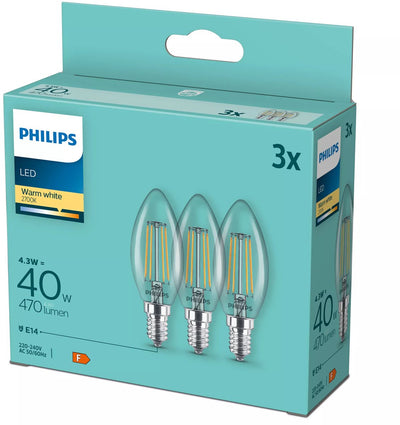 Philips LED-Kerzenlampe E14 4,3W – 2700K 806lm 230V – klar – B35 – ersetzt 40W – warmweißes Licht – 3er-Pack