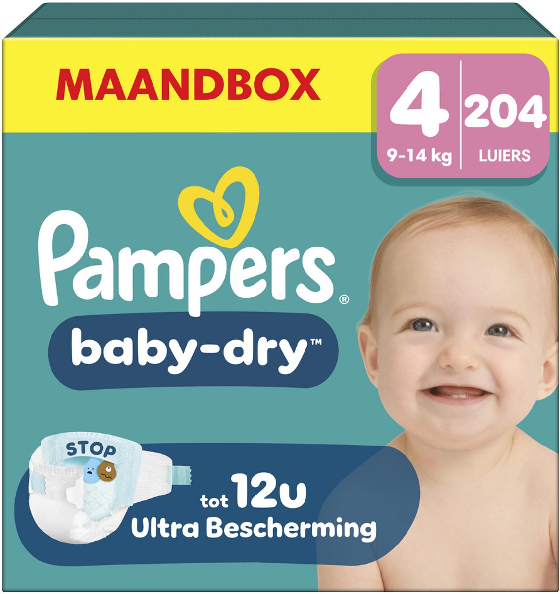 Pampers Baby-Dry Größe 4 – 204 Windeln – 9 kg–14 kg – Monatsbox
