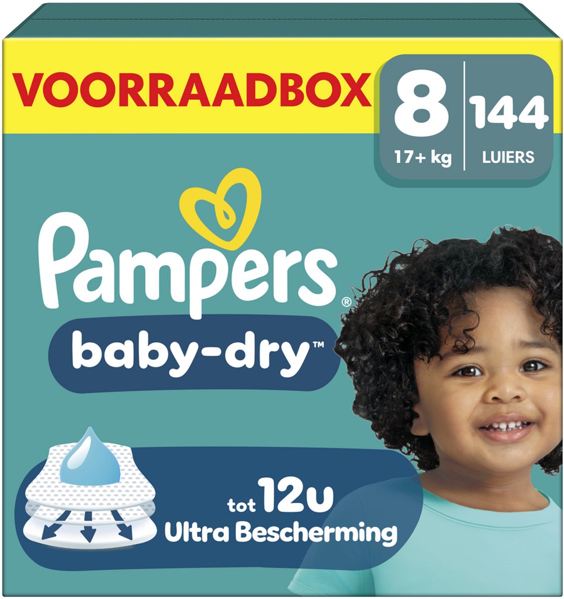 Pampers Baby-Dry Größe 8 – 144 Windeln – 17 kg+ – Aufbewahrungsbox