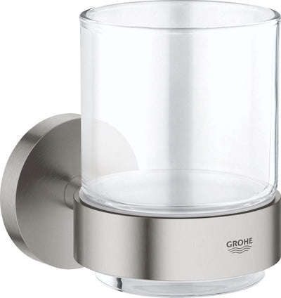 Grohe Essentials-Halter mit Glas – Supersteel (Edelstahl-Optik)