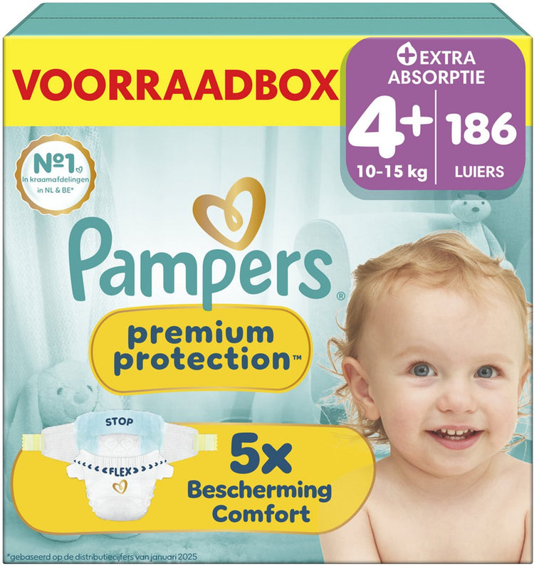 Pampers Premium Protection Größe 4+ – 186 Windeln – 10 kg–15 kg – Aufbewahrungsbox
