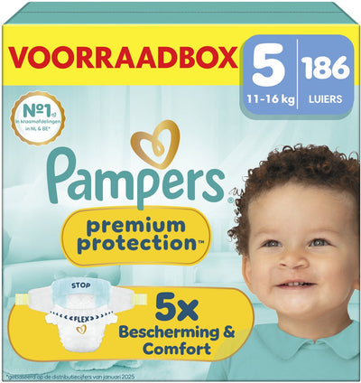 Pampers Premium Protection Größe 5 – 186 Windeln – 11 kg–16 kg – Aufbewahrungsbox