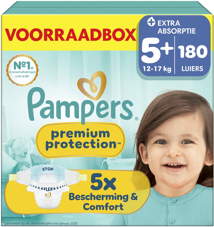 Pampers Premium Protection Größe 5+ – 180 Windeln – 12 kg–17 kg – Aufbewahrungsbox