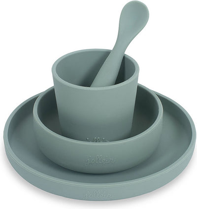 Jollein - Kindergeschirr-Set 4-teilig (Aschgrün) - Silikon - Babygeschirr, Babybesteck - 6-18 Monate