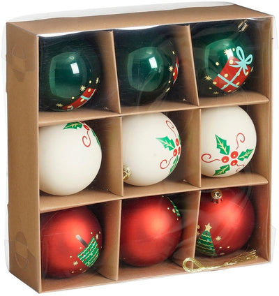 Glimmerdekorationen Weihnachtskugeln-Set – 9 Stück – ø8 cm – bruchsicher – Weiß, Rot, Grün