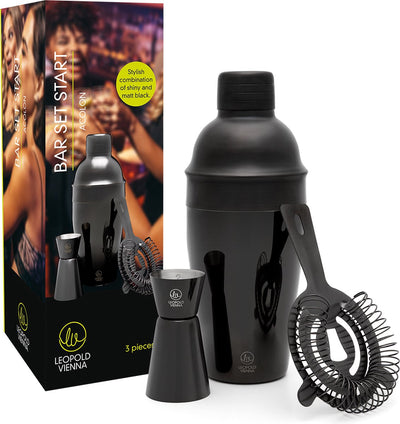 Leopold Vienna - Cocktailset Acolon 3-teilig schwarz (Cocktailshaker, Sieb, Pipette) Geschenk-Geschenkset