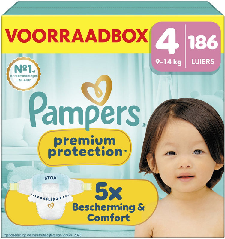 Pampers Premium Protection Größe 4 – 186 Windeln – 9 kg–14 kg – Aufbewahrungsbox