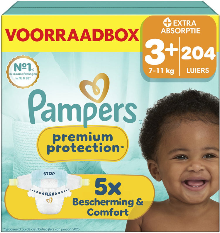 Pampers Premium Protection Größe 3+ – 204 Windeln – 7 kg–11 kg – Aufbewahrungsbox