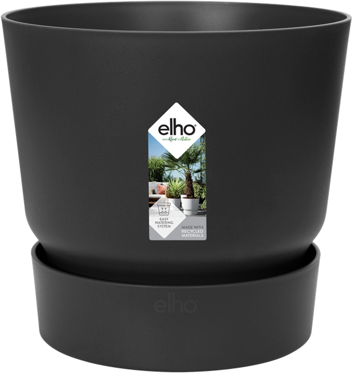Elho Greenville Round 55 – großer Blumentopf für den Außenbereich mit Wasserreservoir – 100 % recycelter Kunststoff – ø 55 x H 50 cm – Living Black