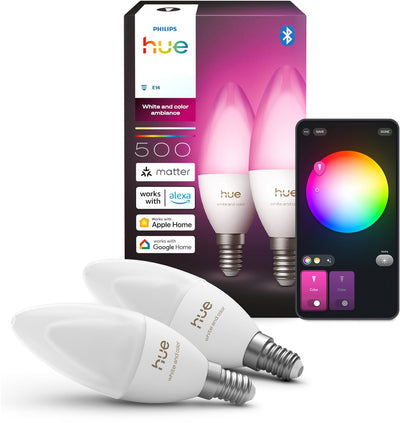 Philips Hue LED-Kerzenlampe – E14-Fassung – enthält 2 Lampen – einstellbares weißes und farbiges Licht – intelligente Beleuchtung