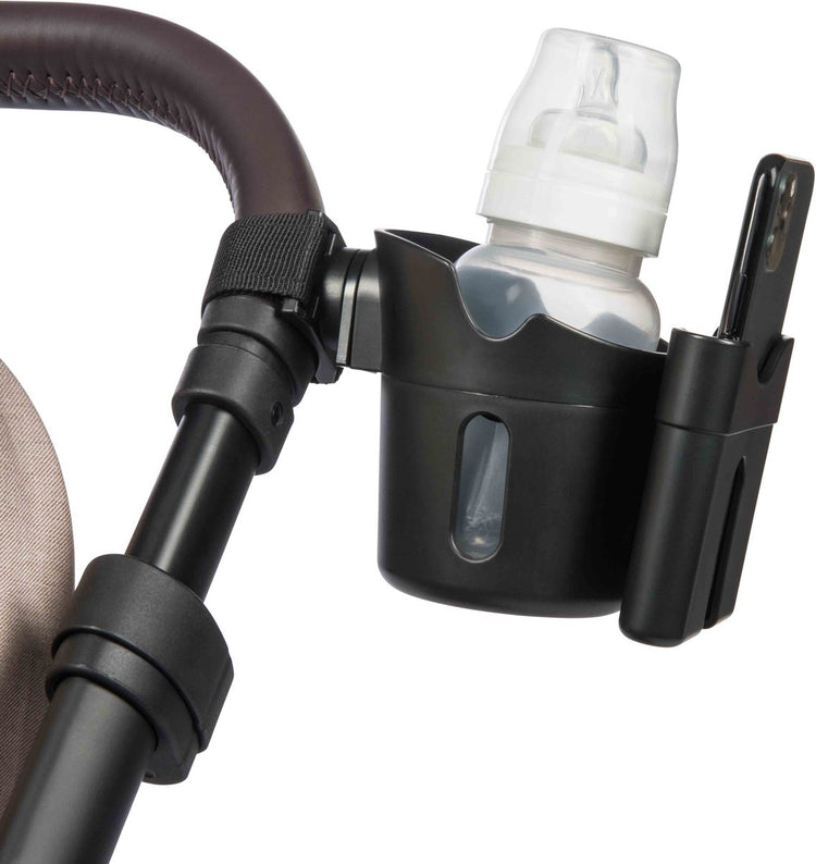 Dooky 2-in-1-Universalbecher- und Telefonhalter – für Kinderwagen und Buggy – Schwarz – 360 Grad drehbares Design