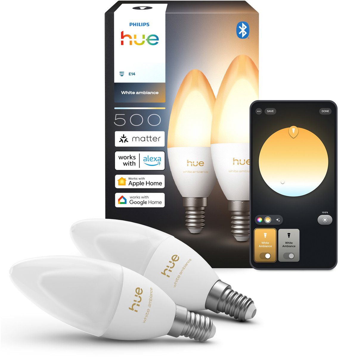 Philips Hue LED-Kerzenlampe – E14-Fassung – enthält 2 Lampen – einstellbares weißes Licht – intelligente Beleuchtung